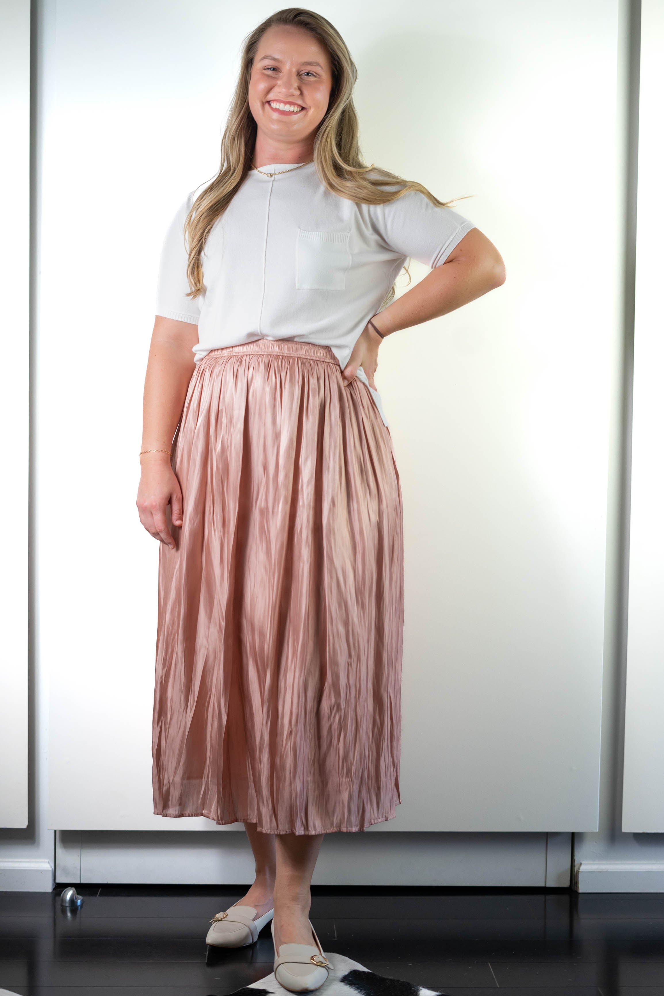 Rose Shimmer Midi Skirt